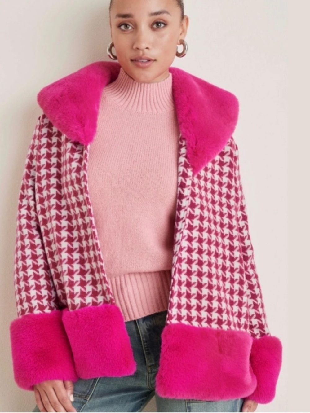VENUS Printed Houndstooth Faux Fur Trim Coat Jacket NWT - Picture 2 of 9